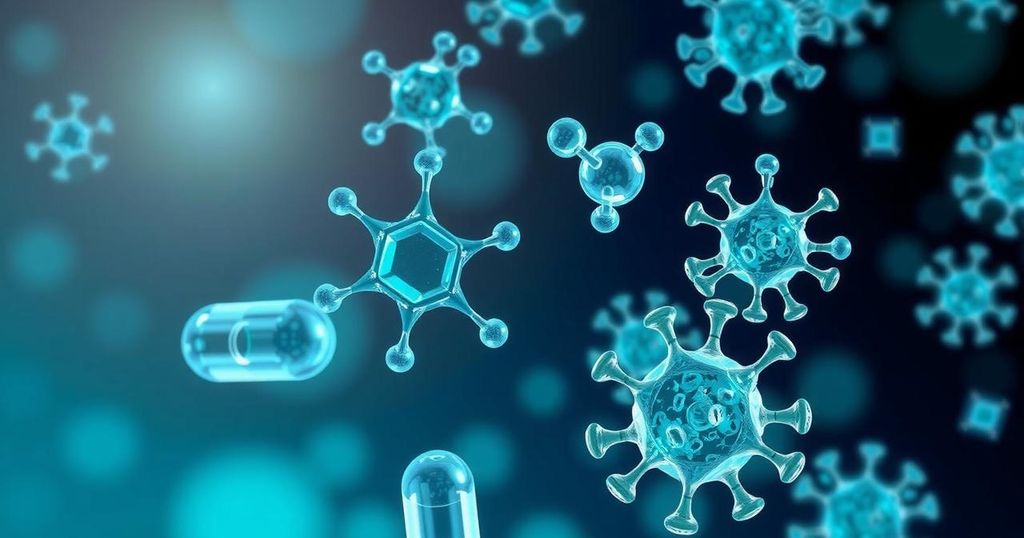 Molecular structure illustration symbolizing cancer treatment innovation with focus on drug development.