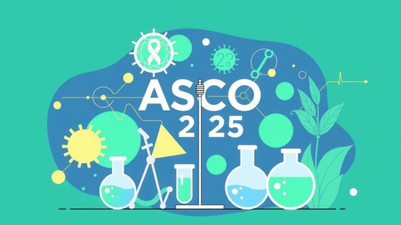 Ilustrasi penelitian inovatif tentang kanker di ASCO 2025 dengan gabungan warna cerah dan gaya minimalis.
