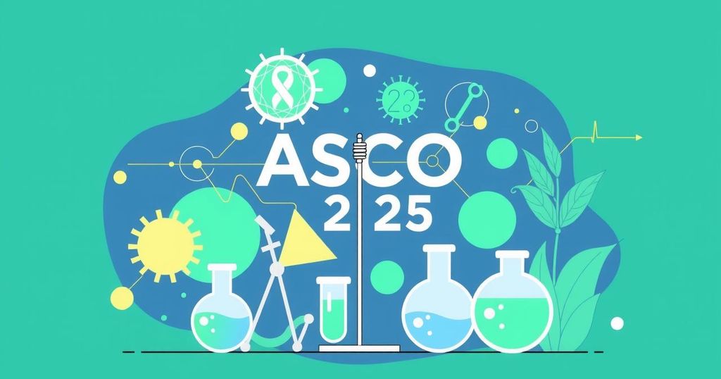 Ilustrasi penelitian inovatif tentang kanker di ASCO 2025 dengan gabungan warna cerah dan gaya minimalis.