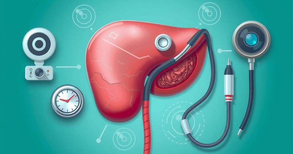 Gambar grafik medis, menonjolkan prostat dengan alat diagnostik, diilustrasikan dalam warna biru dan hijau.