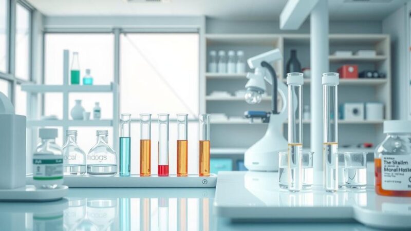 Gambar ilustrasi obat penurun berat badan dengan latar belakang laboratorium ilmiah dan warna lembut.