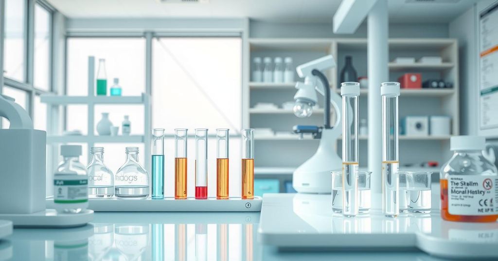 Gambar ilustrasi obat penurun berat badan dengan latar belakang laboratorium ilmiah dan warna lembut.