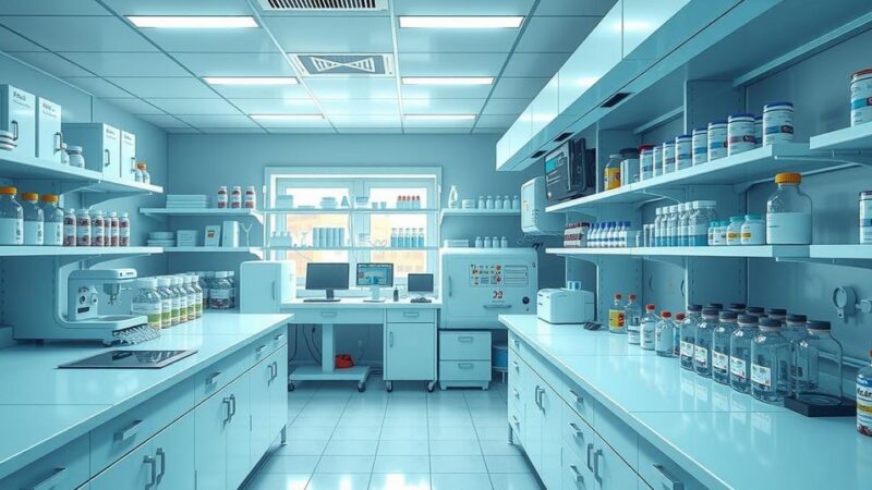 Gambaran laboratorium modern dengan peralatan canggih dan obat-obatan, menggambarkan produksi pengembangan penelitian kanker.