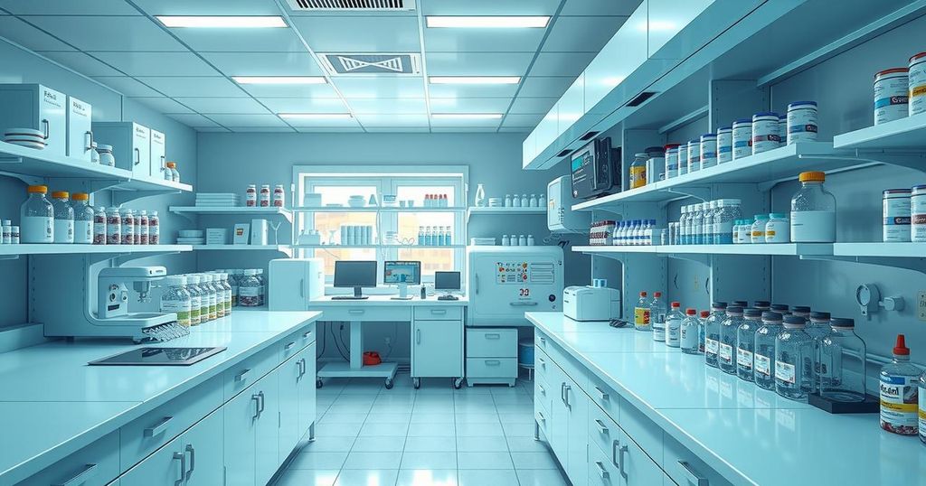 Gambaran laboratorium modern dengan peralatan canggih dan obat-obatan, menggambarkan produksi pengembangan penelitian kanker.