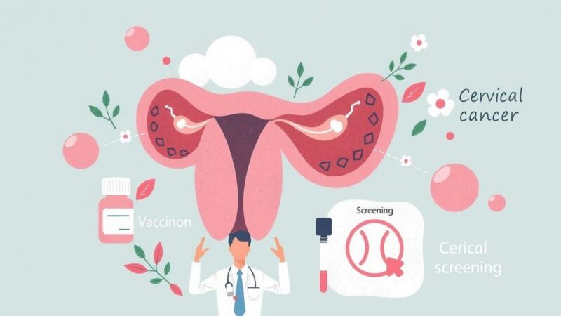 Ilustrasi inovasi penyuluhan kesehatan tentang pencegahan kanker serviks dengan skema warna pastel.