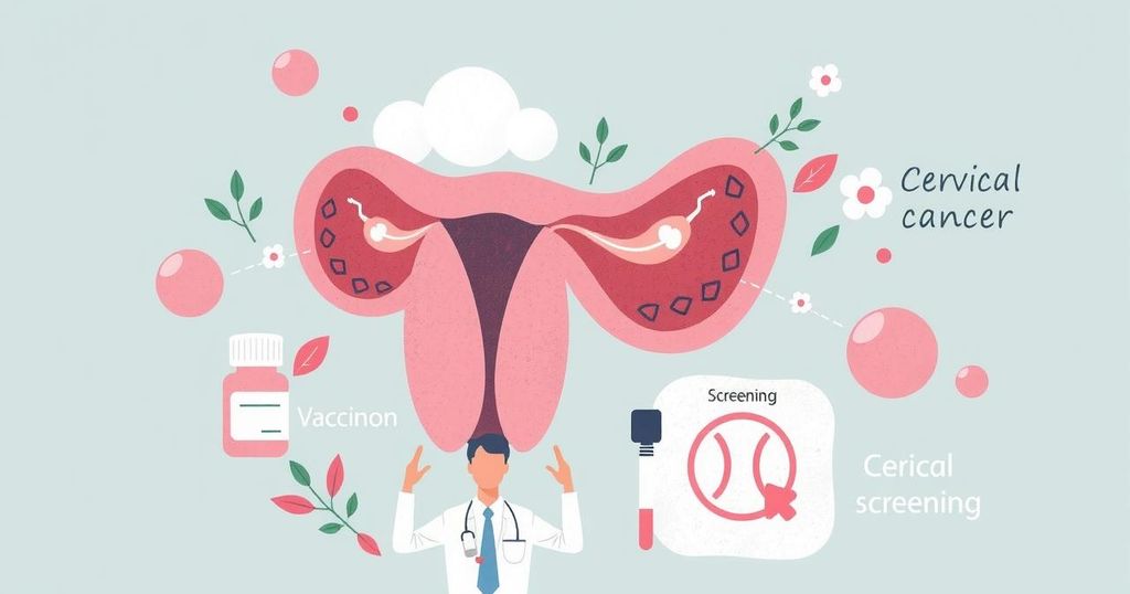 Ilustrasi inovasi penyuluhan kesehatan tentang pencegahan kanker serviks dengan skema warna pastel.