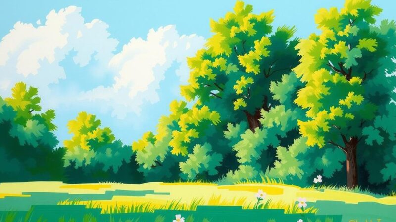 Pemandangan pemandangan alam yang menenangkan dengan pepohonan hijau dan langit biru cerah.