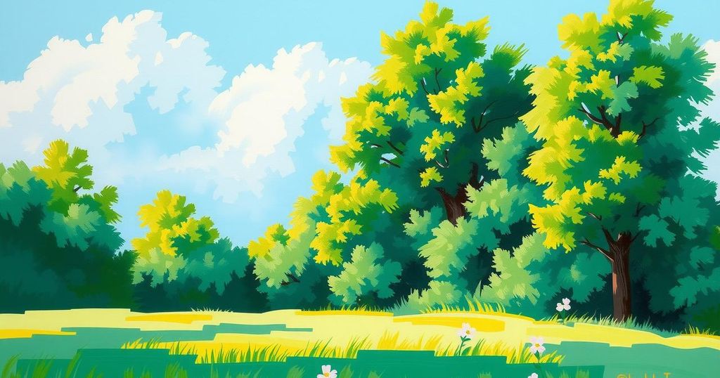 Pemandangan pemandangan alam yang menenangkan dengan pepohonan hijau dan langit biru cerah.