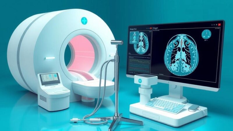 Ilustrasi deteksi kanker prostat dengan alat medis dan teknologi, di latar belakang warna biru dan hijau.