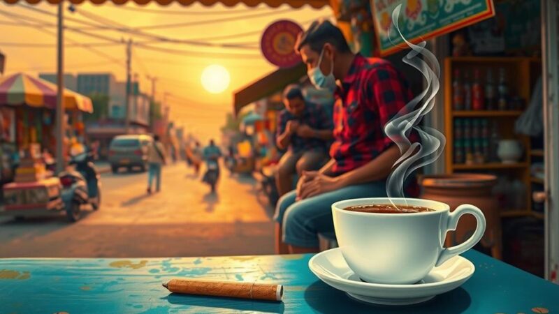 Ilustrasi budaya chai-sutta dengan cangkir teh, rokok, dan suasana yang menggambarkan kehidupan sehari-hari di India.