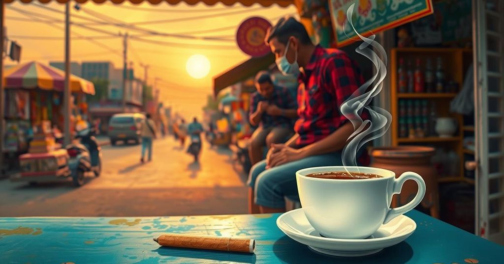 Ilustrasi budaya chai-sutta dengan cangkir teh, rokok, dan suasana yang menggambarkan kehidupan sehari-hari di India.