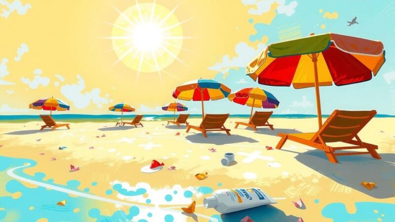 Pemandangan pantai indah dengan matahari bersinar, payung berwarna cerah, dan botol tabir surya di pasir.