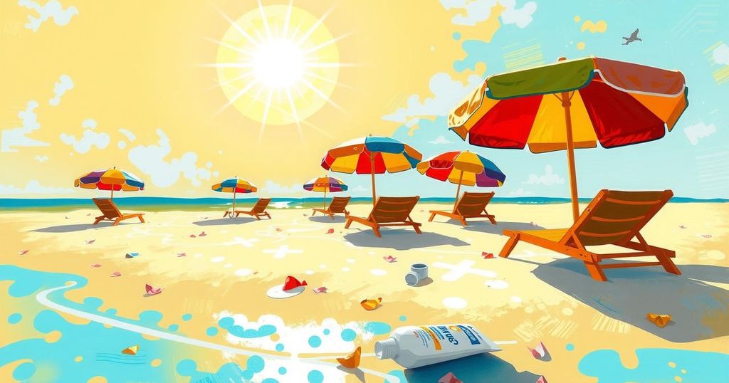 Pemandangan pantai indah dengan matahari bersinar, payung berwarna cerah, dan botol tabir surya di pasir.