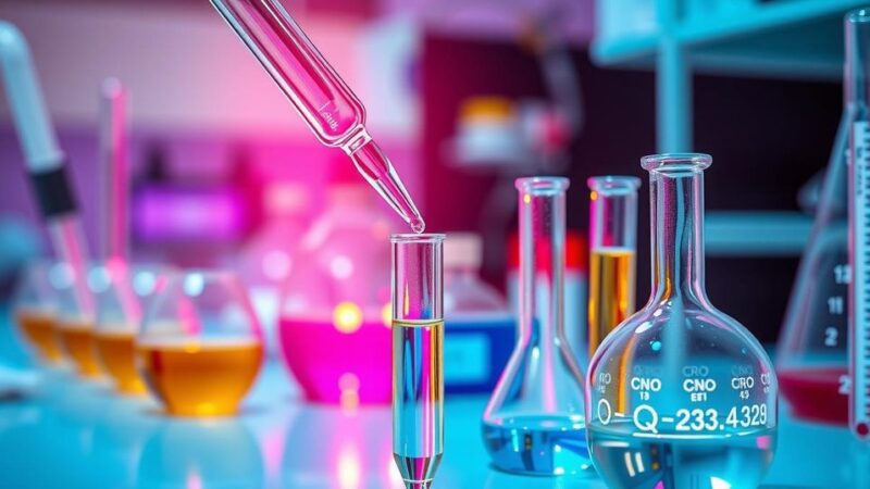 Ilustrasi uji klinis dengan pipet dan tabung reaksi di laboratorium, berwarna cerah dan modern.