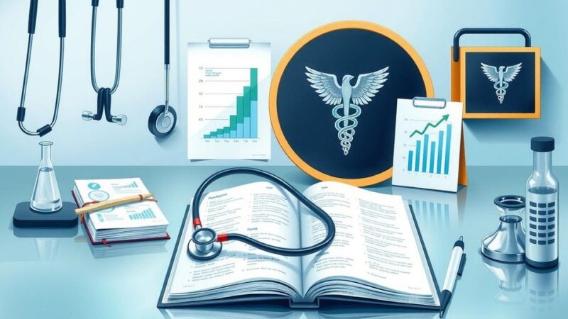 Representasi penelitian kanker prostat dengan peralatan medis, buku, dan grafik kemajuan penelitian.