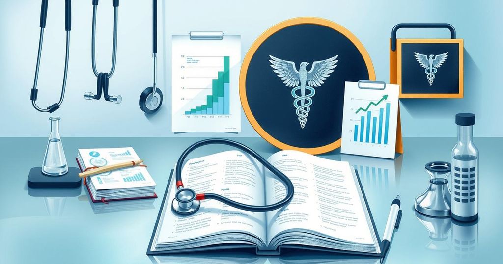 Representasi penelitian kanker prostat dengan peralatan medis, buku, dan grafik kemajuan penelitian.