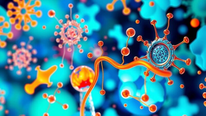 Presentasi penelitian kanker di ASCO 2025 dengan visual abstrak yang mencolok dan warna cerah.