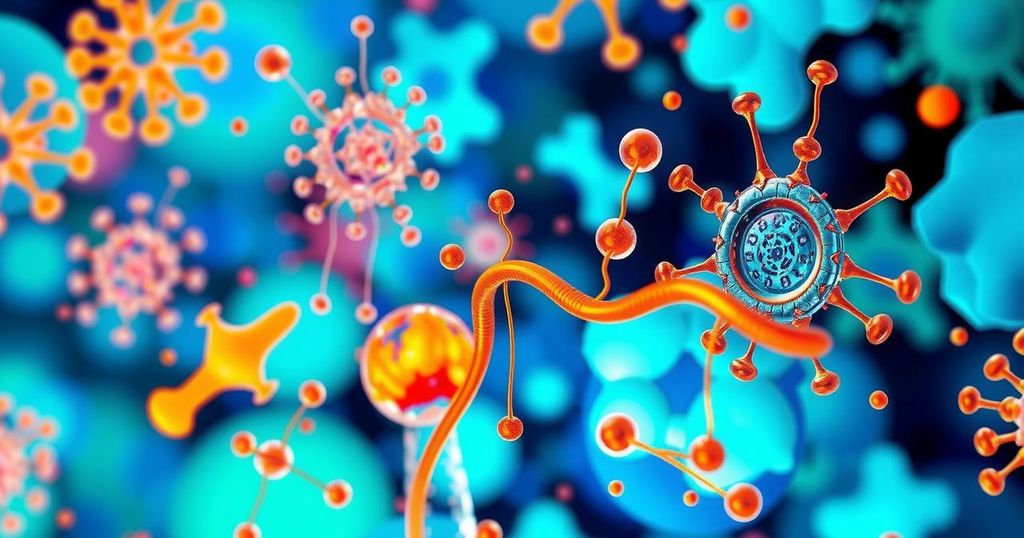 Presentasi penelitian kanker di ASCO 2025 dengan visual abstrak yang mencolok dan warna cerah.