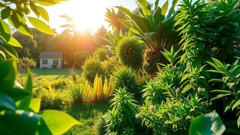 Pemandangan alami dengan tanaman hijau subur dan sinar matahari, melambangkan gaya hidup sehat yang dapat mencegah kanker.