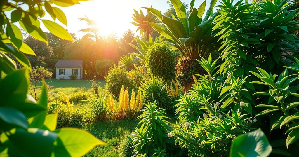 Pemandangan alami dengan tanaman hijau subur dan sinar matahari, melambangkan gaya hidup sehat yang dapat mencegah kanker.