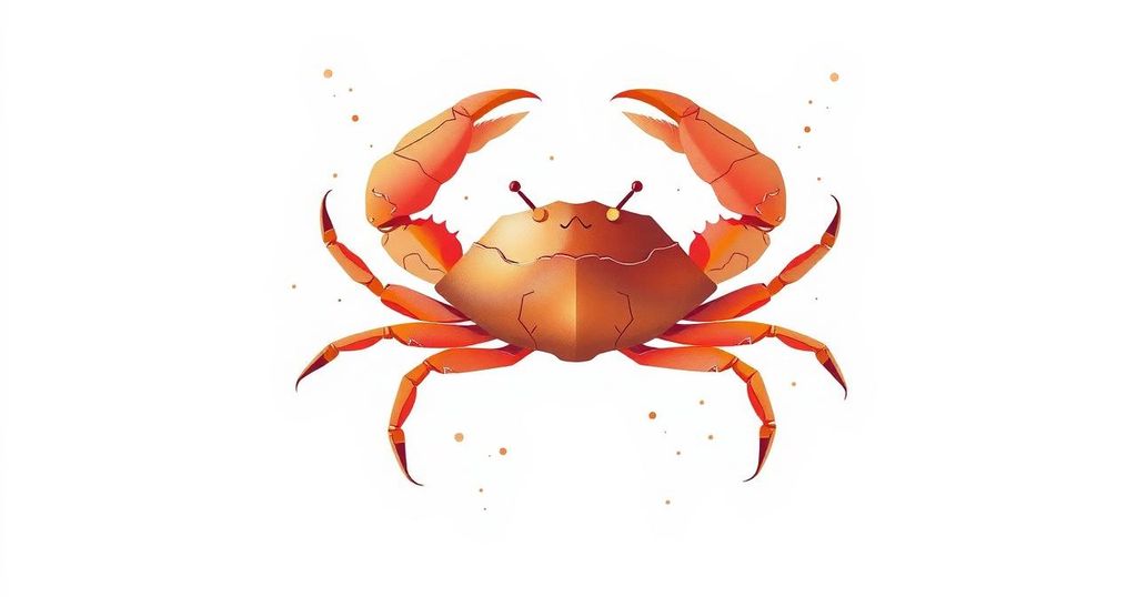 Ilustrasi zodiak Cancer dengan warna dominan putih dan tata letak yang elegan, menciptakan kesan positif dan ceria.