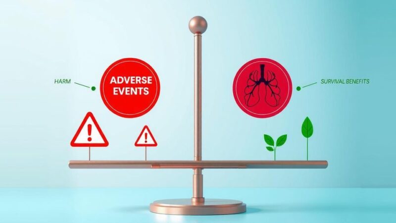 Diagram showing the balance of harm and benefit in treatment outcomes for lung cancer therapies.