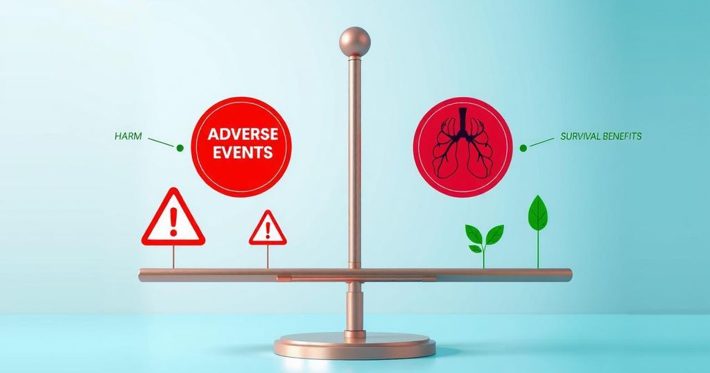 Diagram showing the balance of harm and benefit in treatment outcomes for lung cancer therapies.
