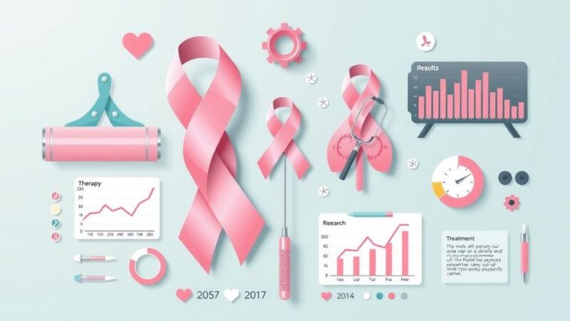 Ilustrasi diagram penelitian kanker payudara dengan grafik dan lambang pengobatan.