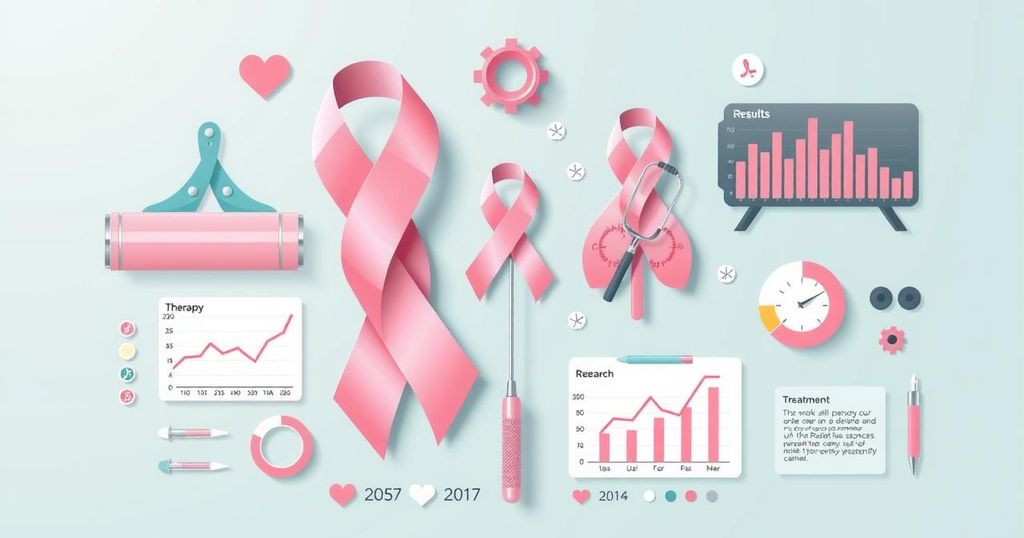 Ilustrasi diagram penelitian kanker payudara dengan grafik dan lambang pengobatan.