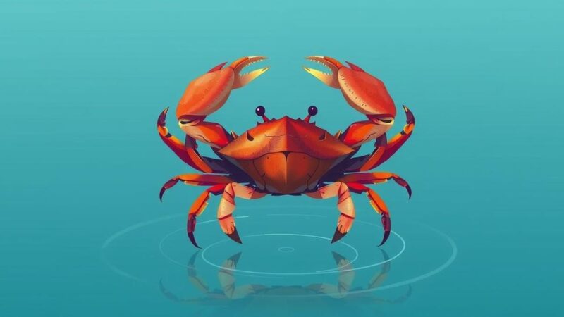 Ilustrasi zodiak Cancer dengan krab dan elemen air, warna biru tenang, gaya seni minimalis.