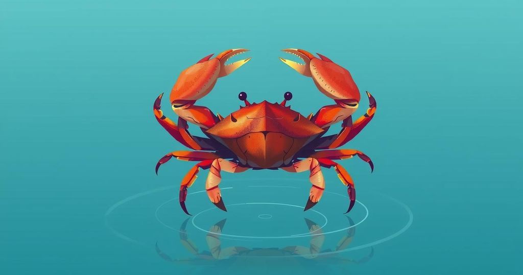 Ilustrasi zodiak Cancer dengan krab dan elemen air, warna biru tenang, gaya seni minimalis.