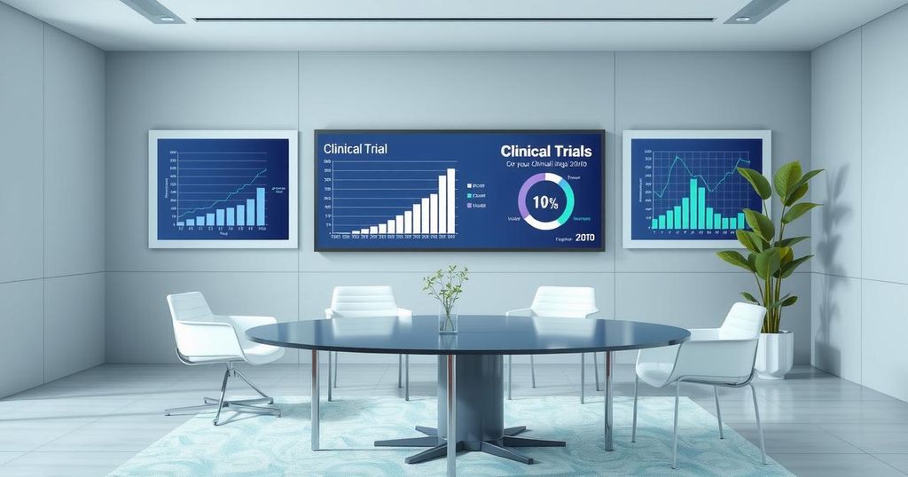 Ruang konferensi dengan diagram dan grafik terkait hasil penelitian klinis tentang obat Duavee.