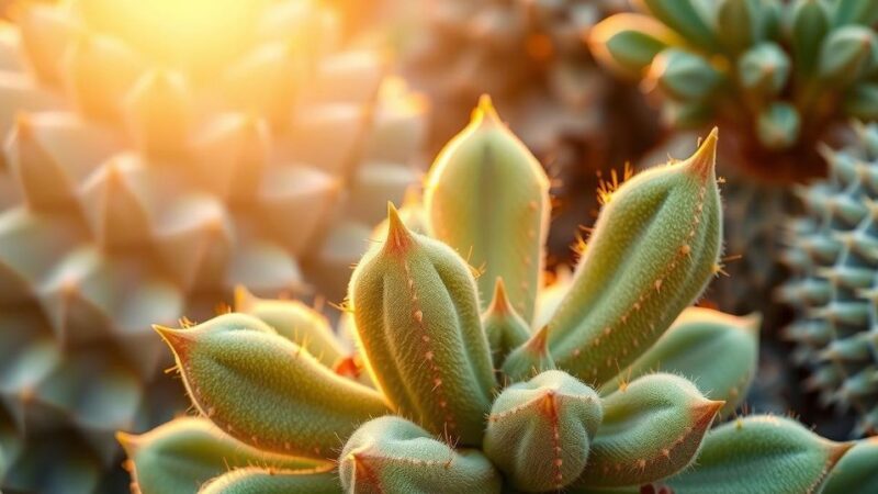 Tanaman Euphorbia resinifera di latar belakang sinar matahari, menggambarkan pengobatan alami untuk rasa sakit.