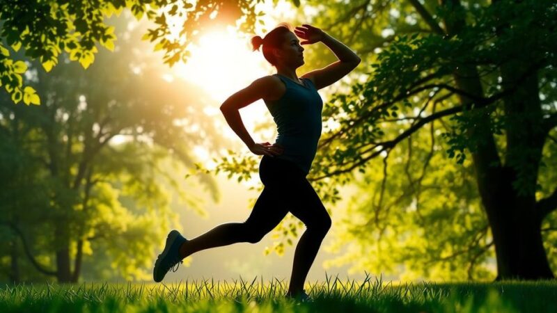 Silhouette of a person exercising in a serene nature setting with green trees and soft sunlight.