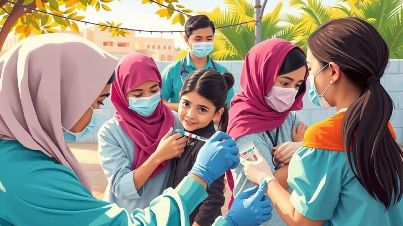 Pemandangan indah vaksinasi di Uzbekistan dengan anak-anak dan petugas kesehatan, simbol kesehatan perempuan.