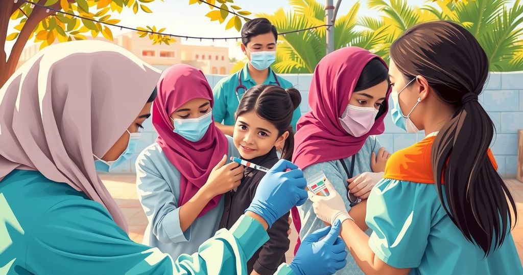 Pemandangan indah vaksinasi di Uzbekistan dengan anak-anak dan petugas kesehatan, simbol kesehatan perempuan.