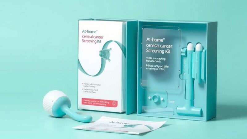 Alat uji kanker serviks di rumah dengan desain elegan, warna teal yang lembut, dan paket yang tersedia untuk penggunaan mudah.