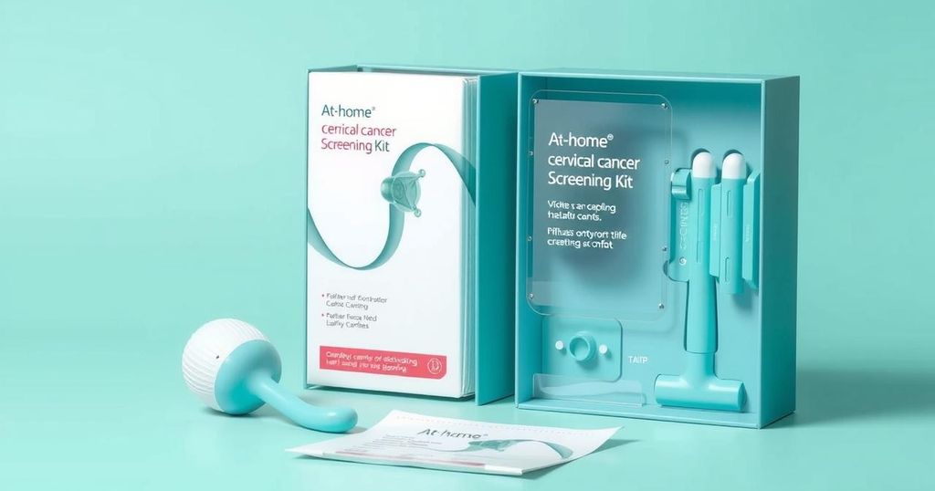 Alat uji kanker serviks di rumah dengan desain elegan, warna teal yang lembut, dan paket yang tersedia untuk penggunaan mudah.