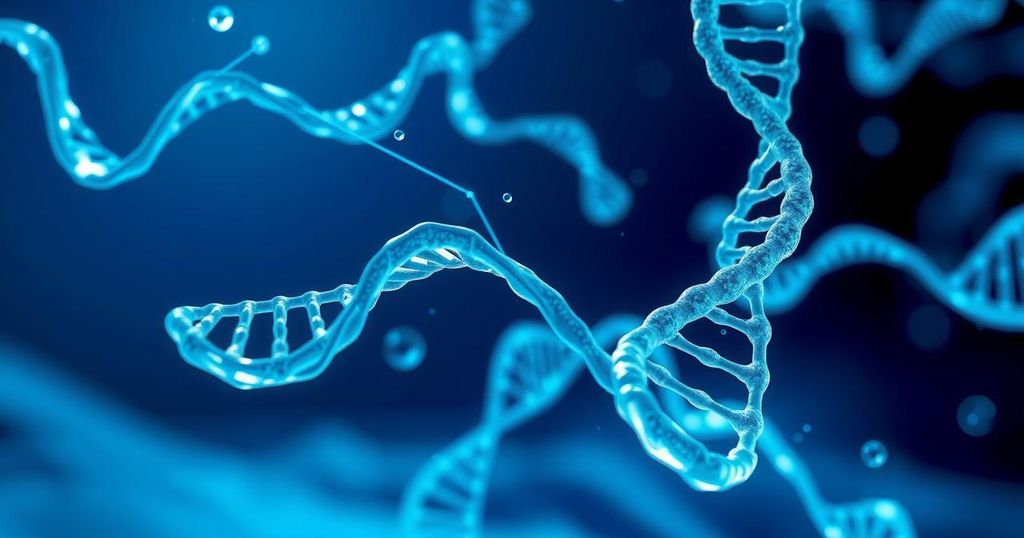 Uji darah inovatif yang mendeteksi kanker lebih awal, menggambarkan sirkulasi DNA dalam latar belakang biru.