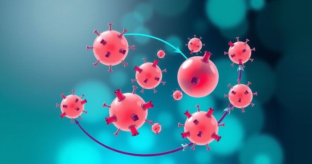 Gambar diagram sirkulasi tumor pada penelitian kanker dengan latar belakang berwarna biru dan hijau.