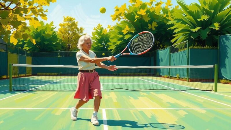 Wanita berusia seratus satu tahun yang sehat, bermain tenis di lapangan, dikelilingi oleh pepohonan hijau.