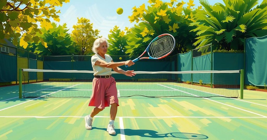 Wanita berusia seratus satu tahun yang sehat, bermain tenis di lapangan, dikelilingi oleh pepohonan hijau.
