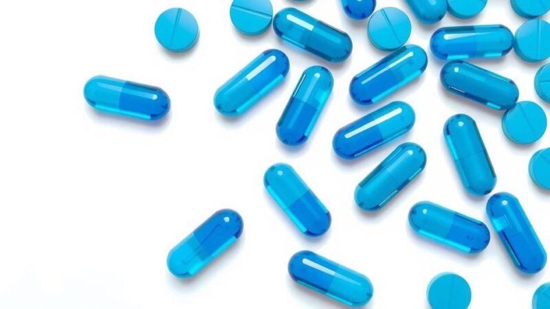 Gambar grafik sederhana menunjukkan tablet medis berwarna biru di atas latar belakang putih.
