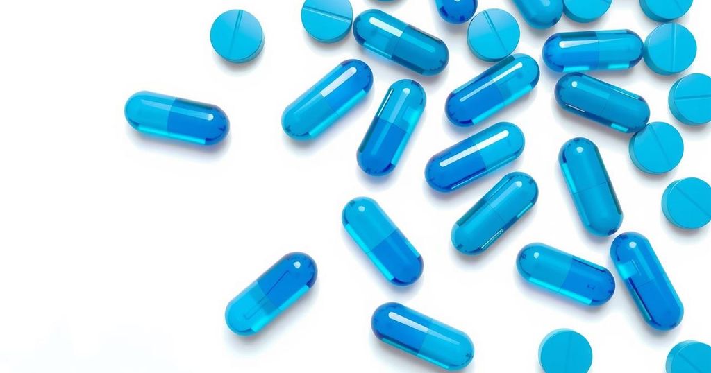 Gambar grafik sederhana menunjukkan tablet medis berwarna biru di atas latar belakang putih.