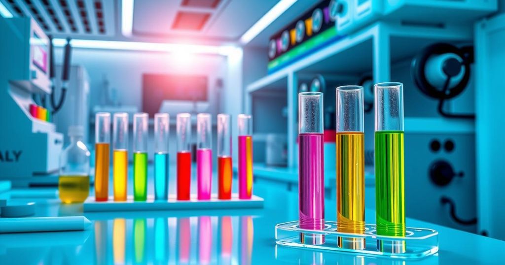 Tes darah canggih yang merevolusi deteksi awal kanker, menampilkan tabung darah dan elemen biomarker dengan latar belakang cerah.