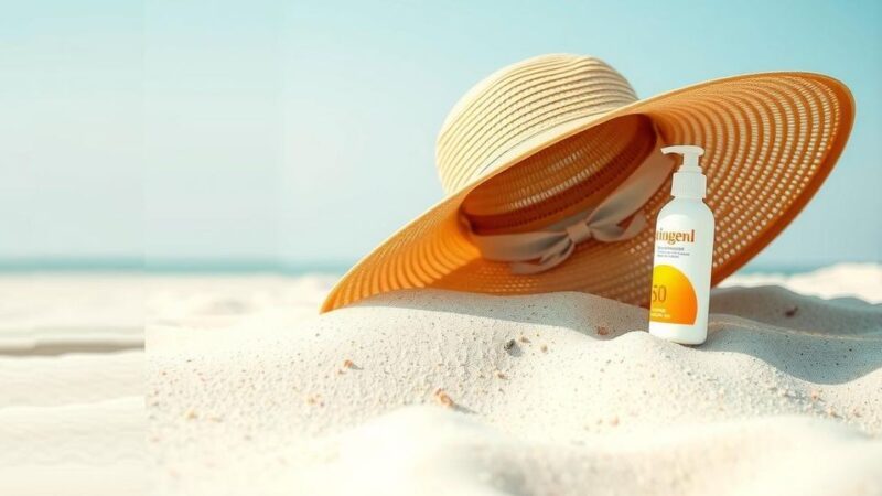 Pemandangan berwarna cerah dari pantai berpasir dengan topi lebar dan botol tabir surya, menggambarkan perlindungan kulit.