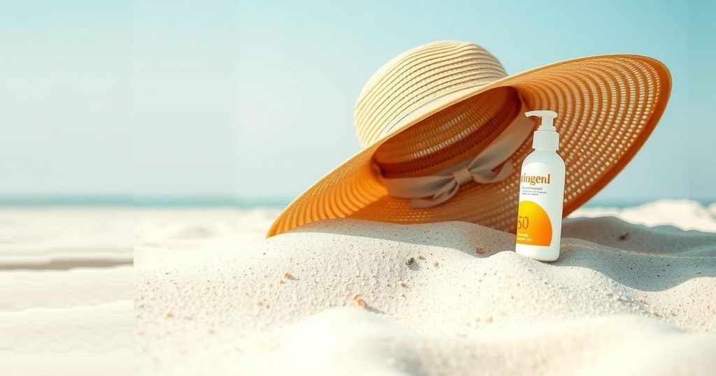 Pemandangan berwarna cerah dari pantai berpasir dengan topi lebar dan botol tabir surya, menggambarkan perlindungan kulit.
