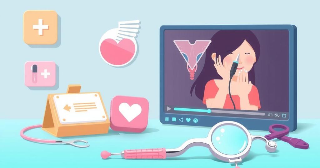 Ilustrasi video pendek dengan alat medis untuk edukasi kesehatan remaja wanita menggunakan warna ceria.