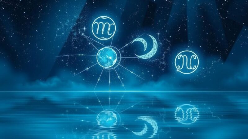 Langit malam dengan bintang-bintang, simbol zodiak, dan air yang tenang mewakili transisi astrologi.