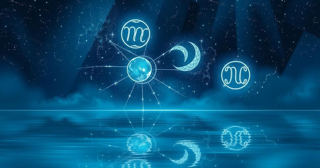 Langit malam dengan bintang-bintang, simbol zodiak, dan air yang tenang mewakili transisi astrologi.